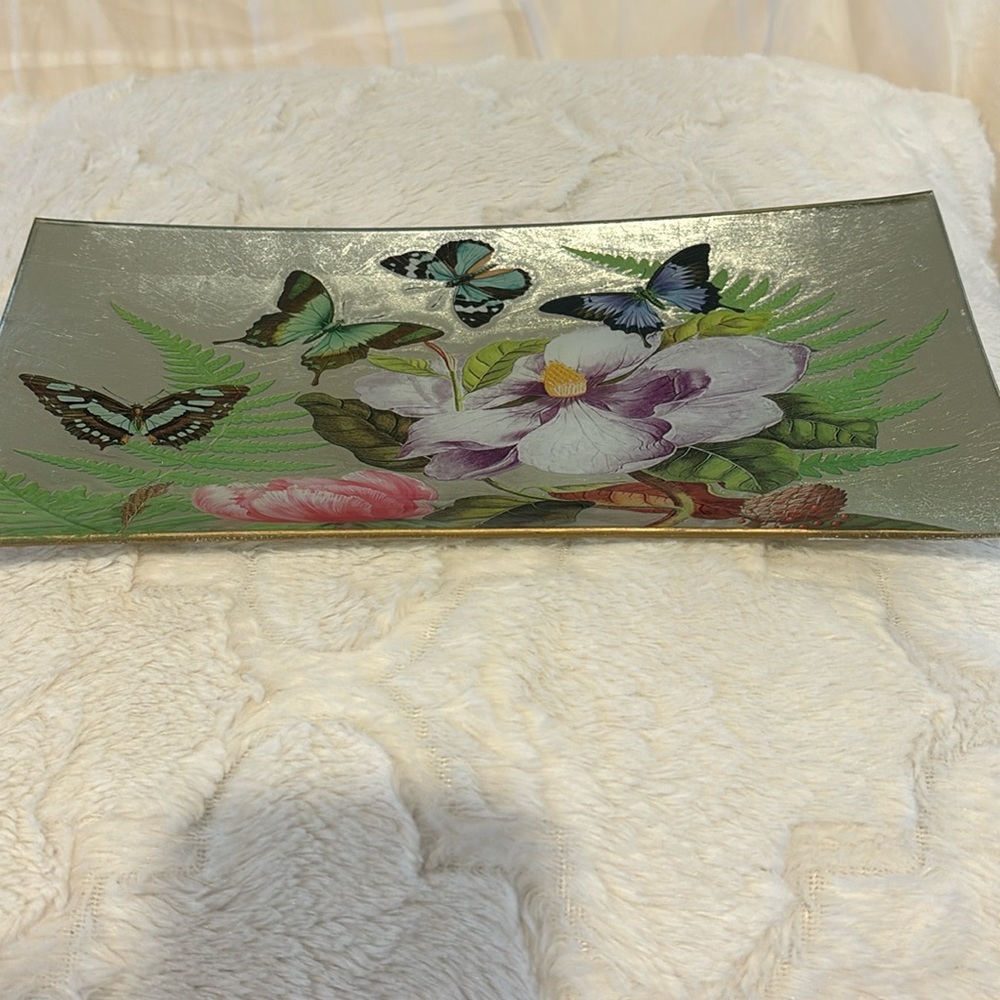 Tozai Home Floral Butterfly Glass Tray